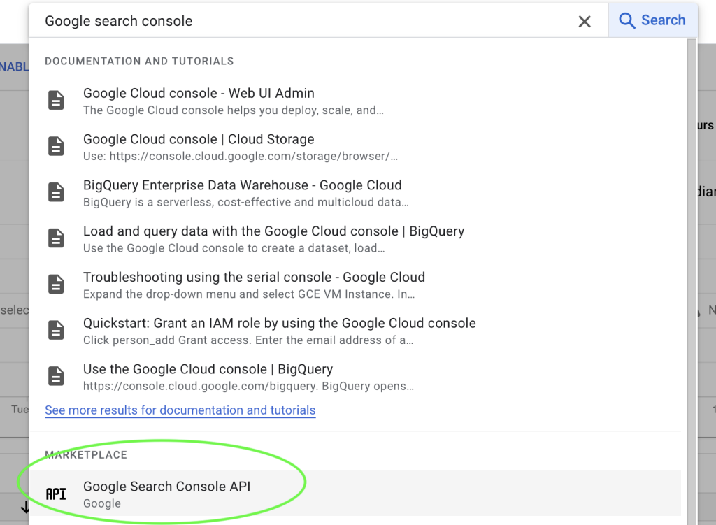 Google Search Console API selected from Google Marketplace