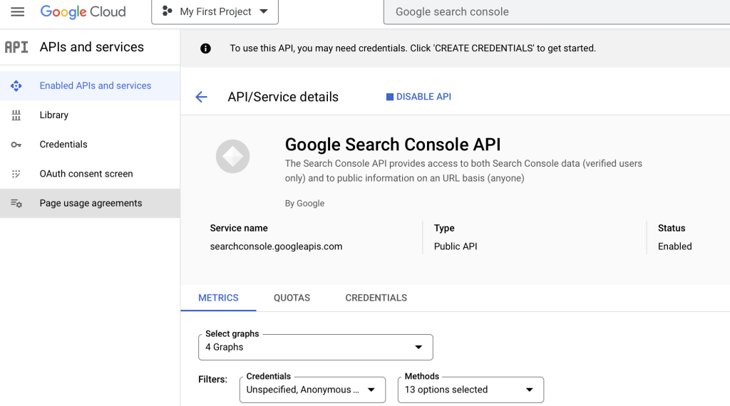 Search Console API Management screen